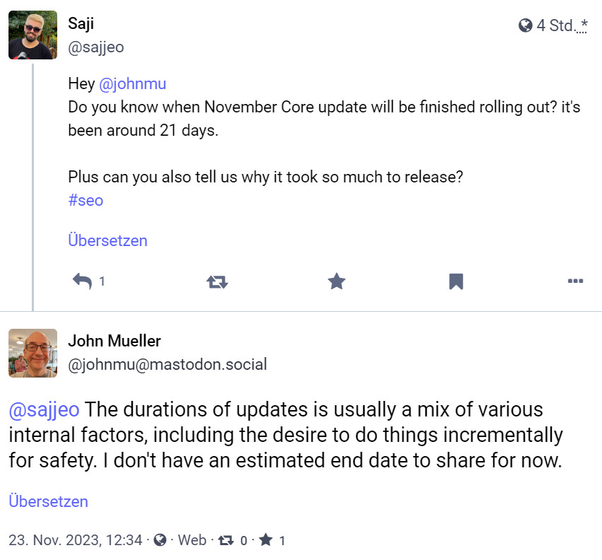 Darum läuft das Google Core Update vom November noch: John Müller auf Mastodon