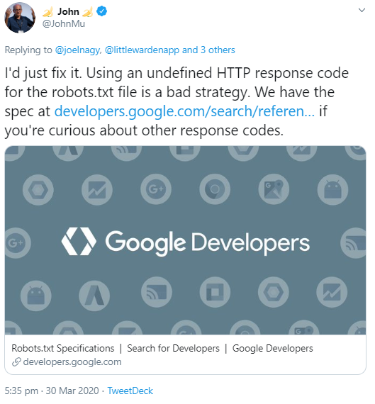 Google: Das Verwenden eines nicht definierten HTTP-Statuscodes für robots.txt ist problematisch