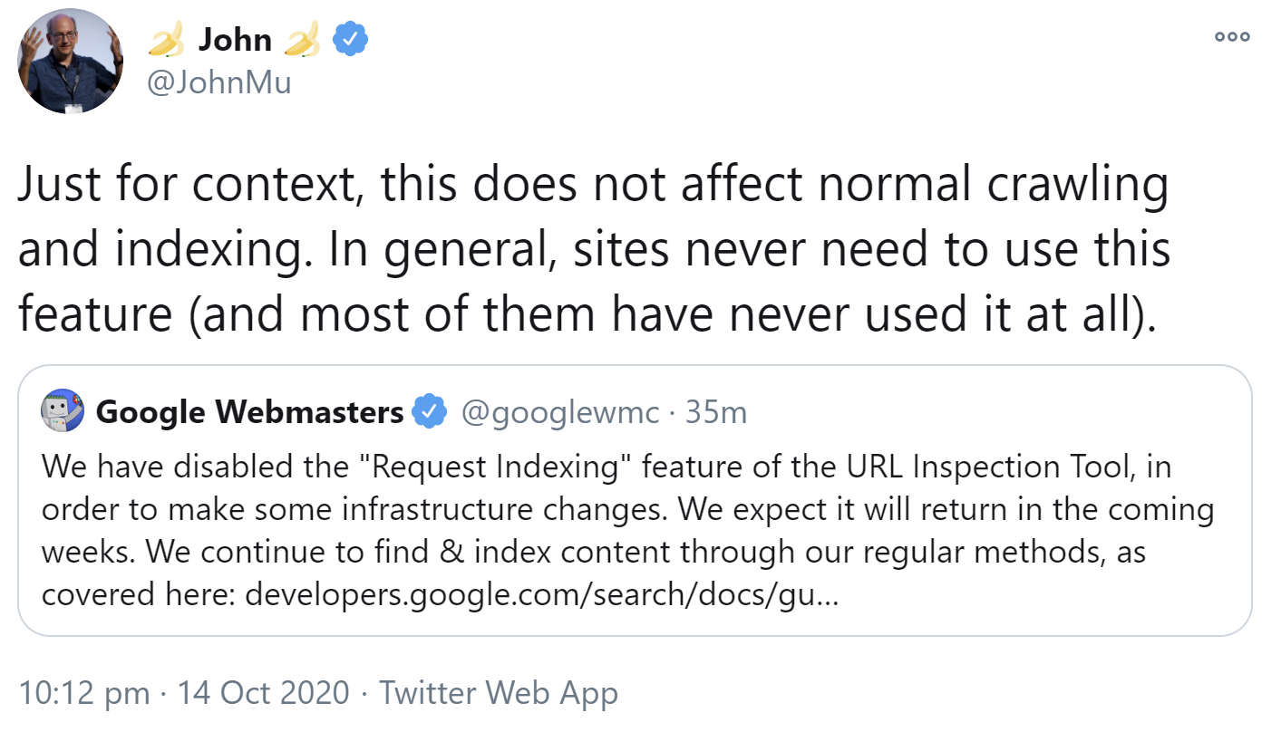 Google: Das Deaktivieren der Funktion zum Einreichen von URLs zur Indexierung per URL Inspection Tool beeinträchtigt nicht das Crawlen und Indexieren