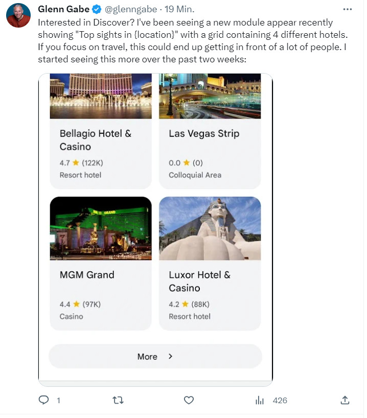 Google Discover: Neues Modul zeigt ausgewählte Hotels an - Glenn Gabe auf Twitter