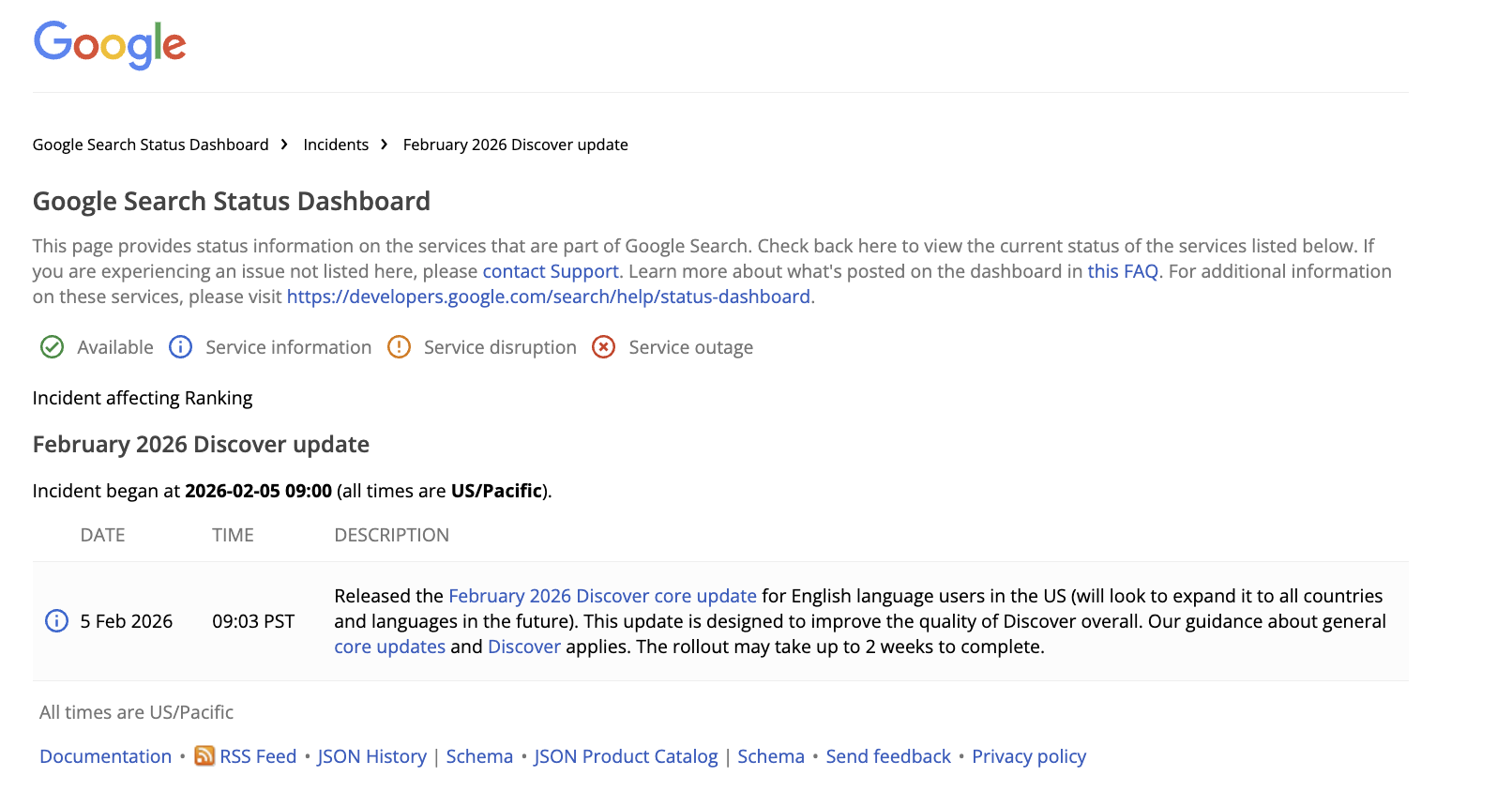 Google Discover Core Update Februar 2026: Google Search Status Page