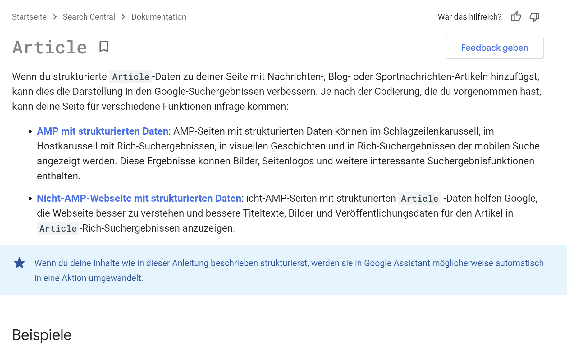 Google Doku zu Article Markup deutsch