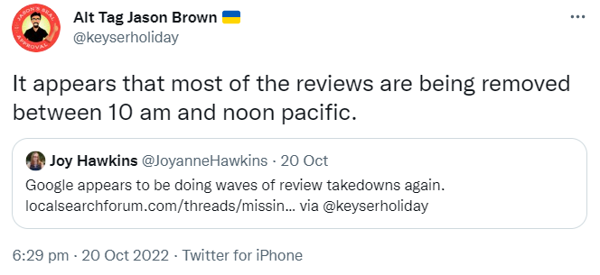 Jason Brown auf Twitter: Google entfernt derzeit offenbar viele Reviews aus Google Business Profiles