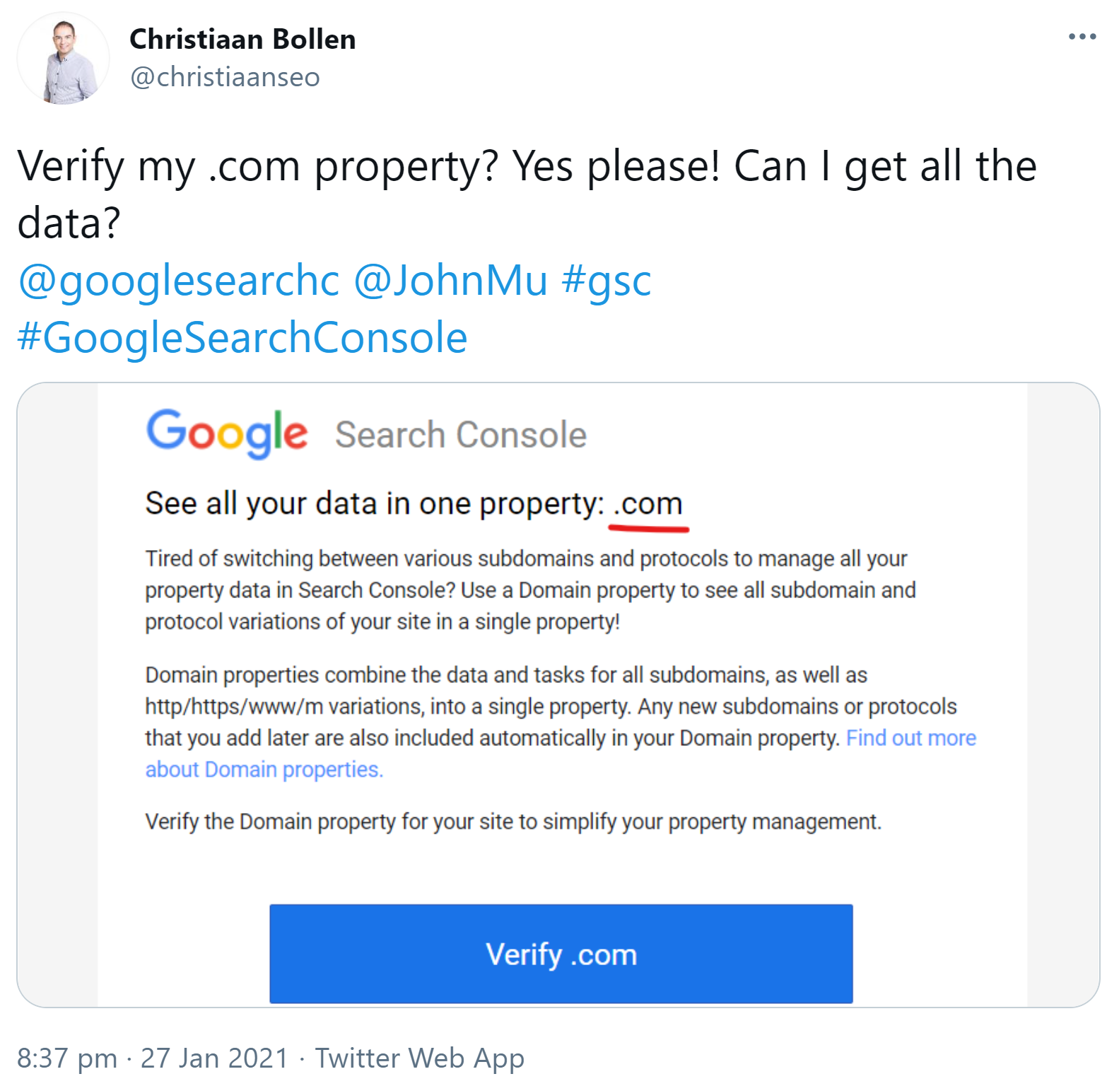 Google: Beispiel für eine falsche Mitteilung zur Aufforderung, eine Domain Property anzumelden