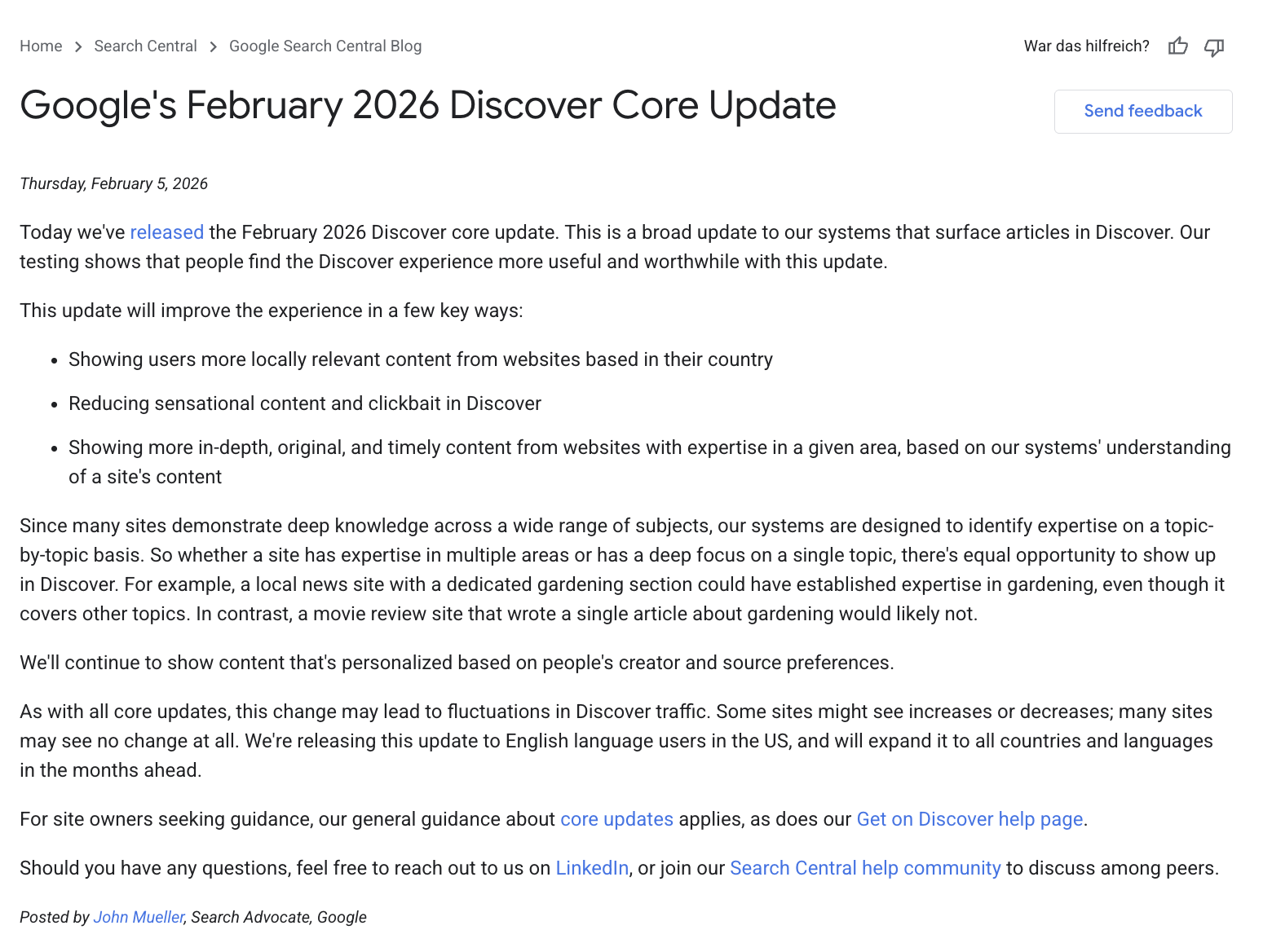 Google Ankündigung zum February 2026 Discover Core Update