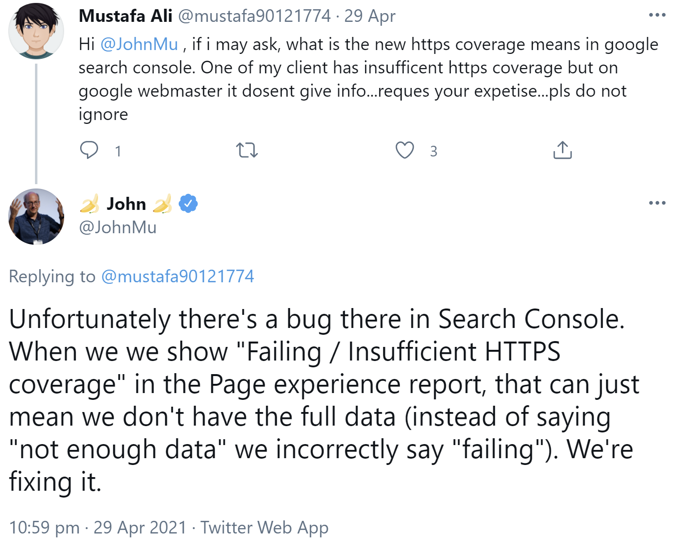 Google: Fehler in HTTPS-Abdeckung im Page Experience Report kann an zu wenigen Daten liegen