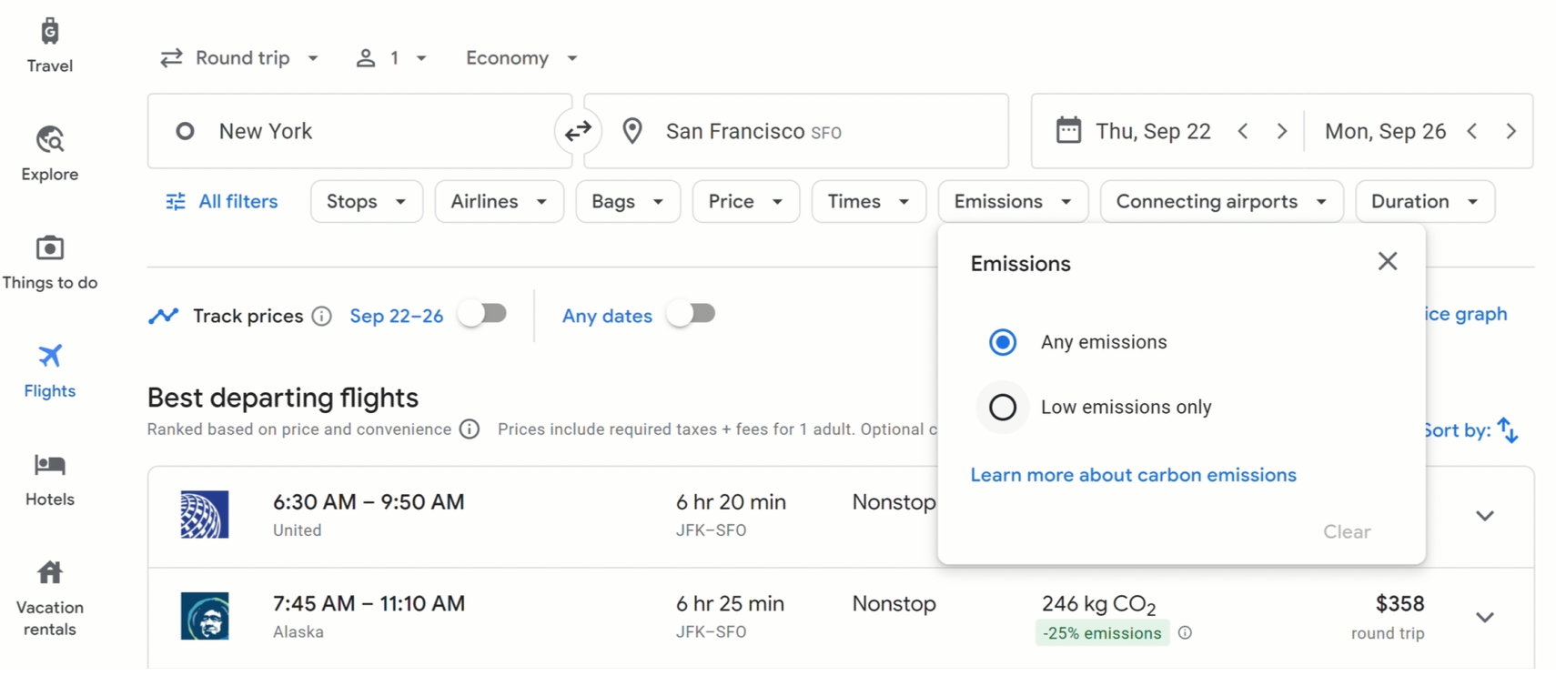 Google Flüge mit niedrigen Emissionen