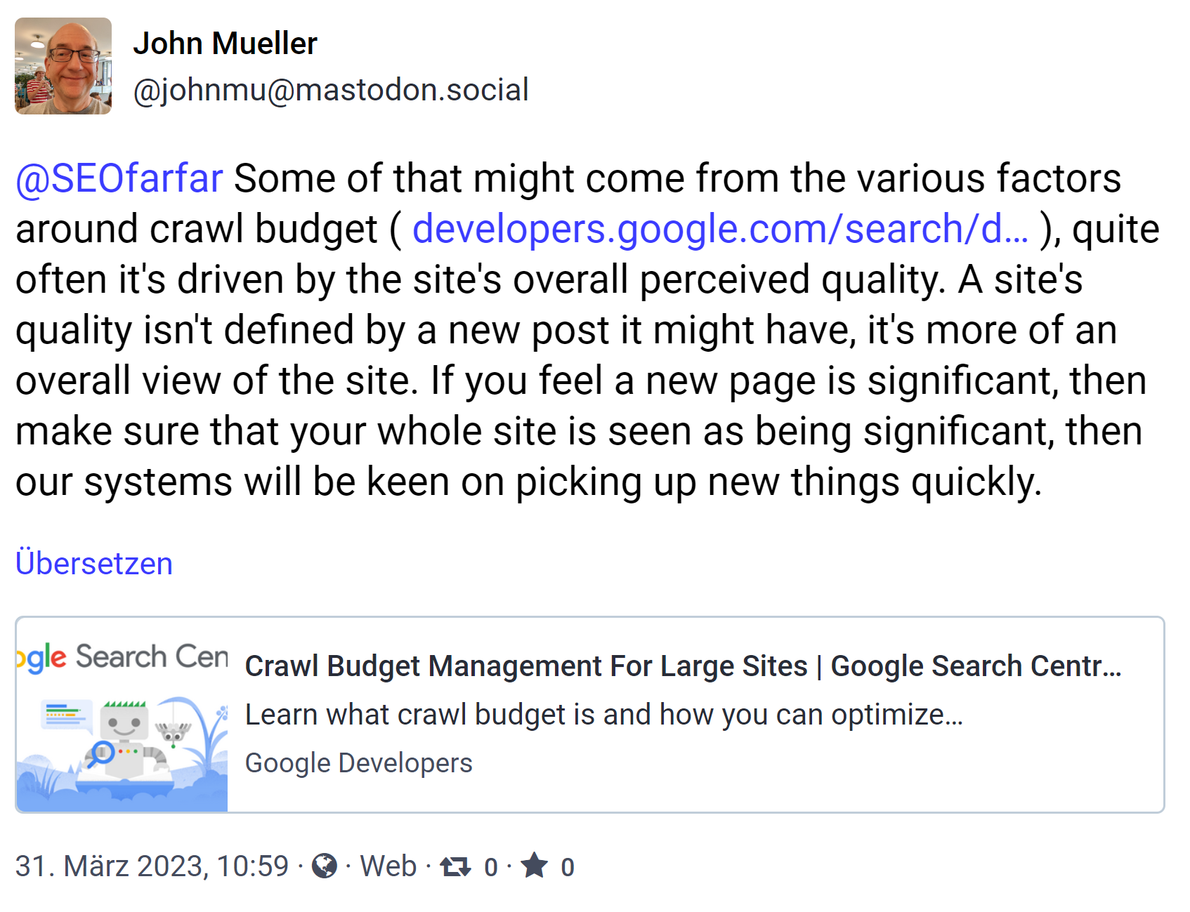 Google: Für das schnelle Indexieren ist die Qualität der einzelnen Seiten als auch die Qualität der gesamten Website wichtig