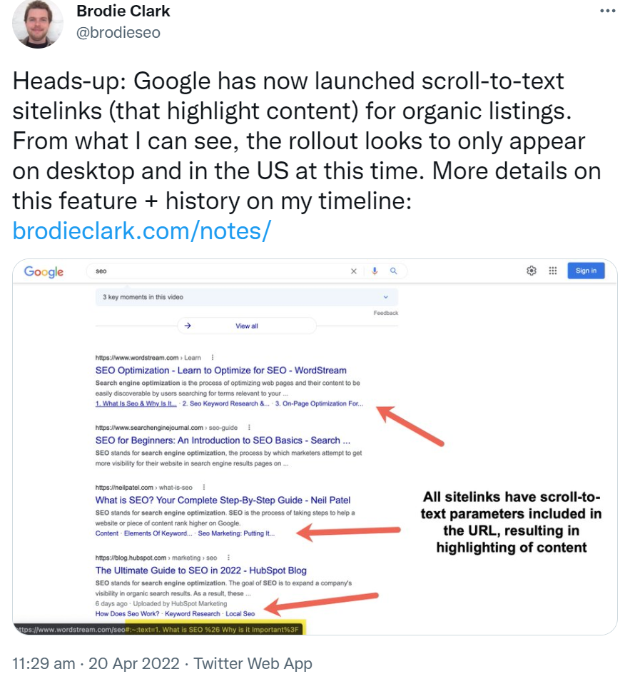 Google rollt Scroll-to-Text für Sitelinks aus - Brodie Clark auf Twitter
