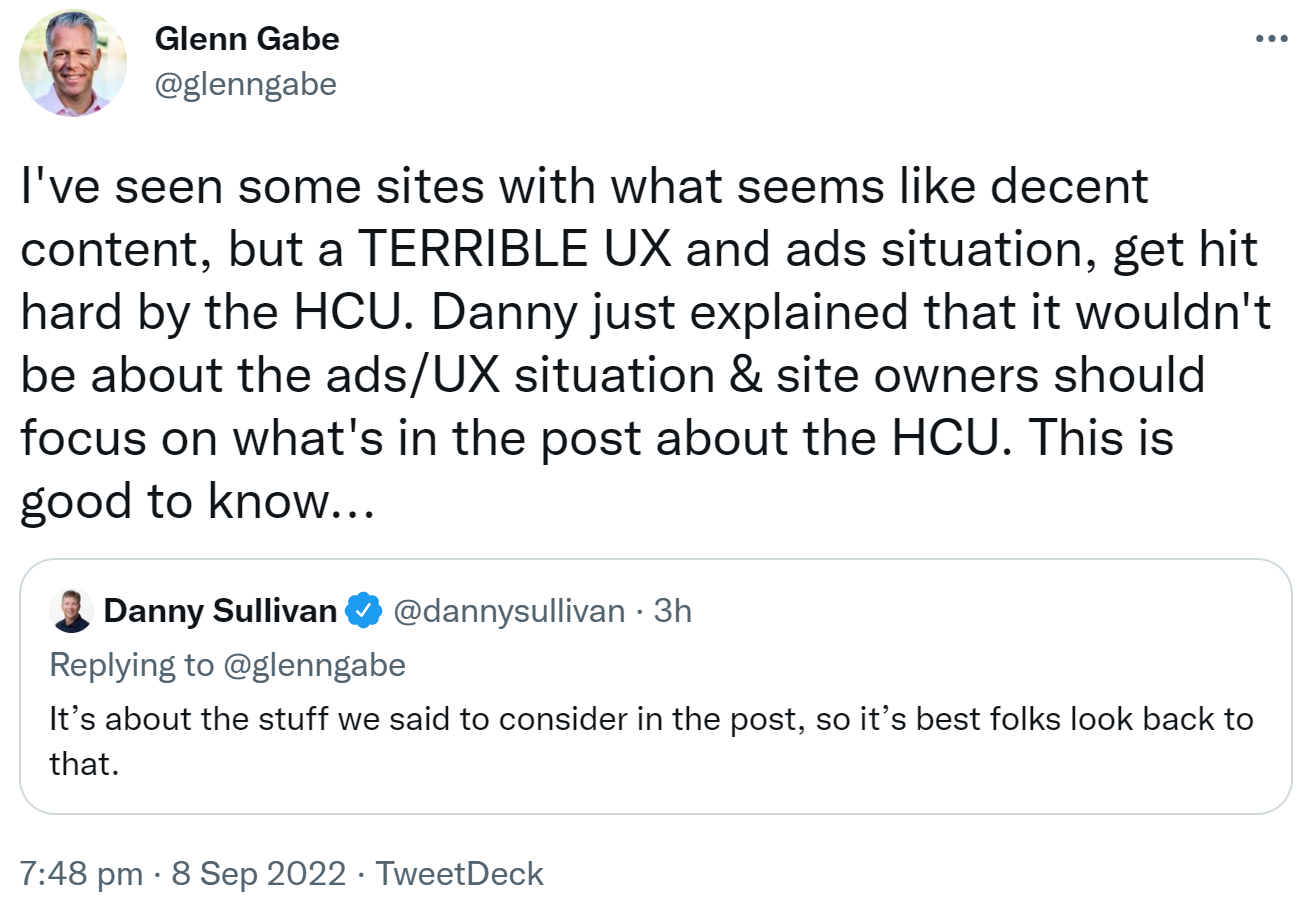 Google Helpful Content Update hat nichts mit der Ausspielung von Anzeigen und der User Experience zu tun - Danny Sullivan auf Twitter