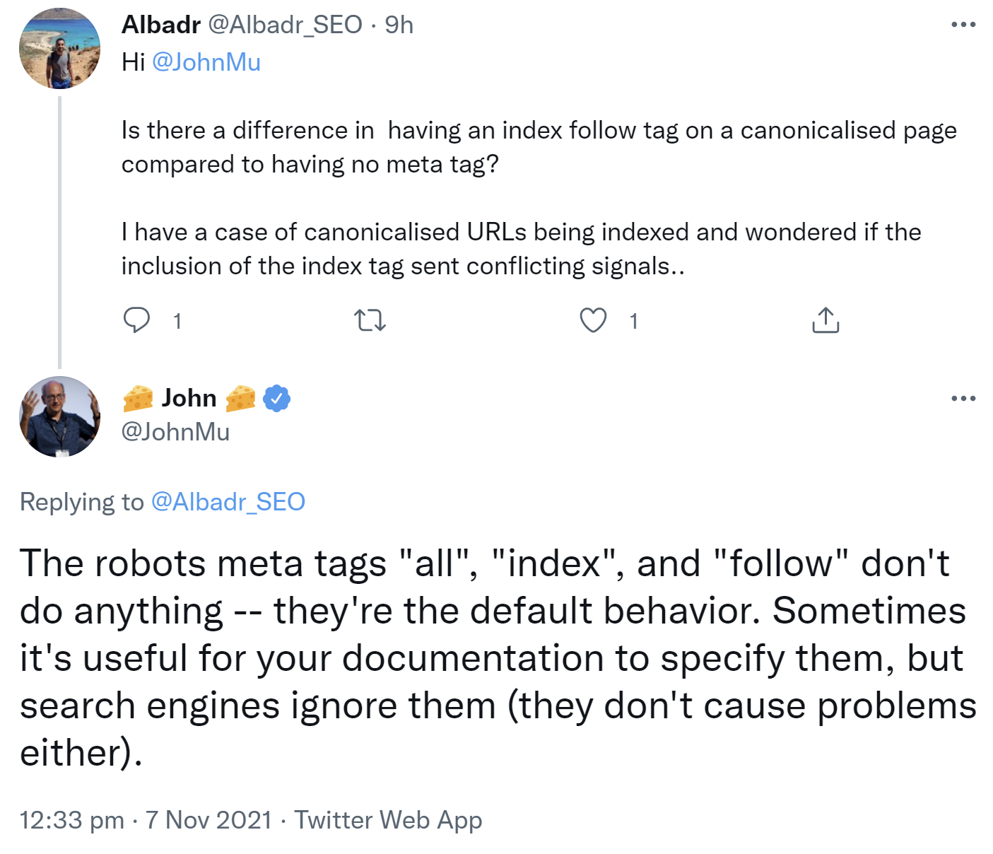 Google ignoriert Meta Robots Tags 'index', 'all' und 'follow'