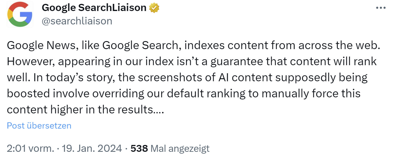 Google: Indexierung bedeutet nicht automatisch gute Rankings