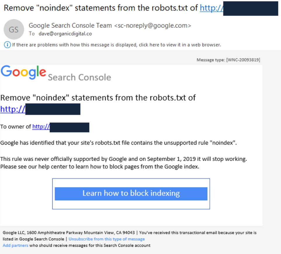 Google informiert betroffene Webmaster, dass 'noindex' in der robots.txt ab dem 1. September nicht mehr unterstützt wird