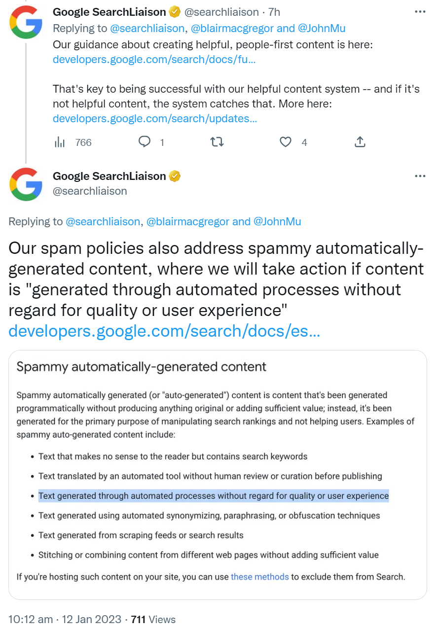 Google: Inhalte, die von automatischen Prozessen erstellt werden ohne Berücksichtigung der Qualität oder der User Experience, verstoßen gegen die Spam-Richtlinien