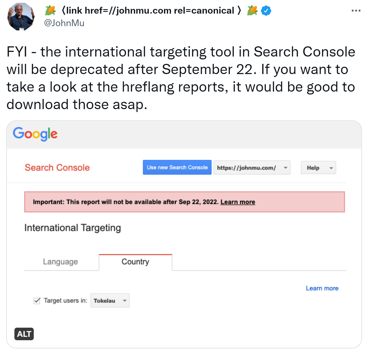 Google: John Müller erinnert daran, dass der International Targeting Report in der Google Search Console zum 22. September eingestellt wird