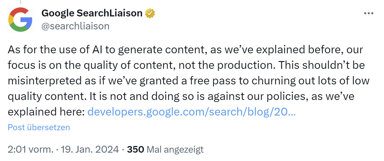 Google: kein Freifahrtschein für KI-Content