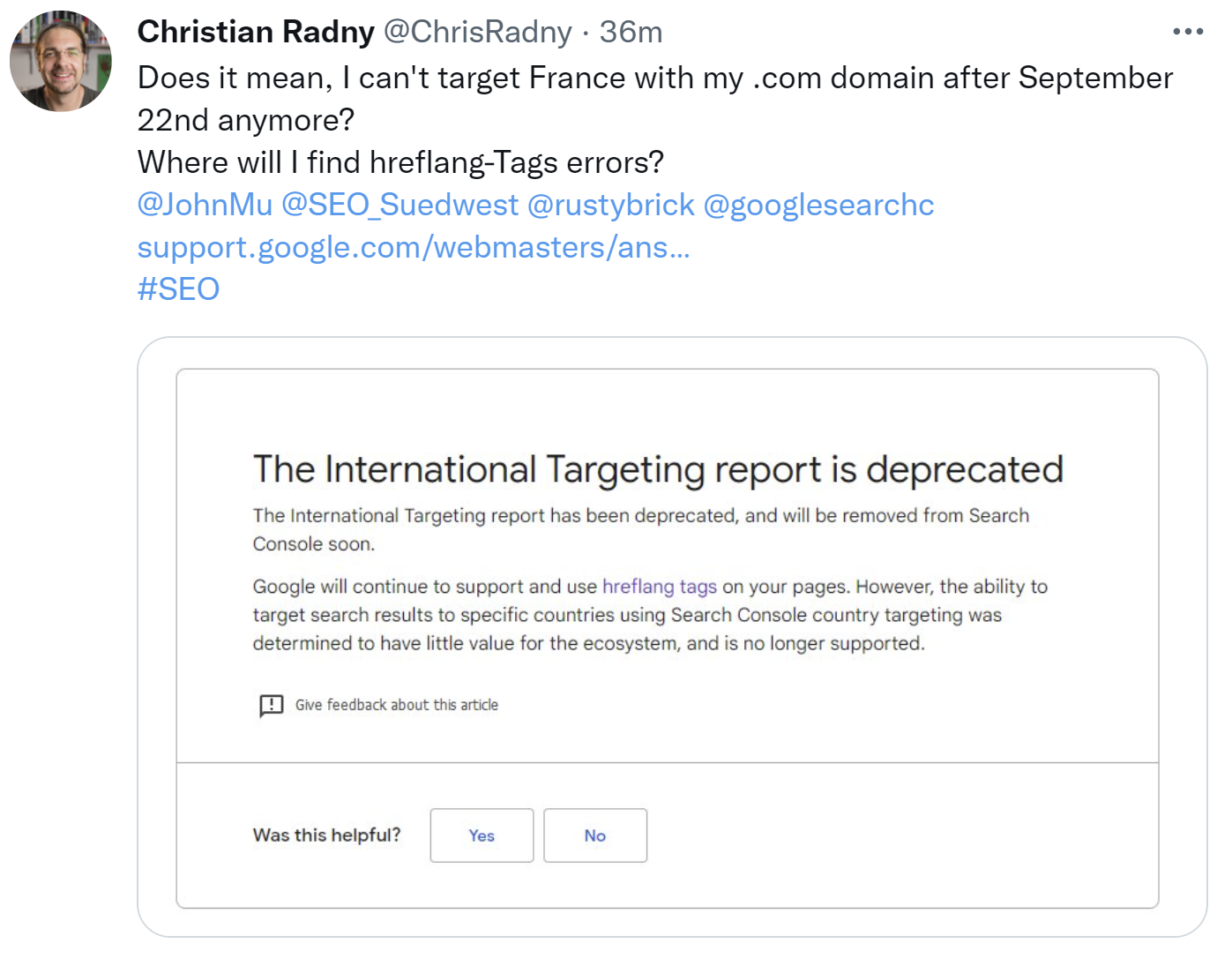Christian Radny auf Twitter: kein internationales Targeting per Search Console mehr