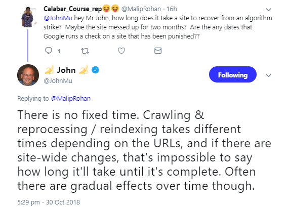 Google: keine feste Zeitspanne bis zur Erholung nach einem Update