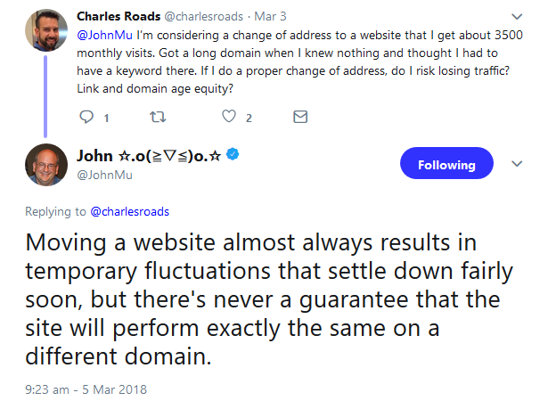 Google: keine Garantie, dass eine Webseite unter einer anderen Domain die gleiche Performance bringt