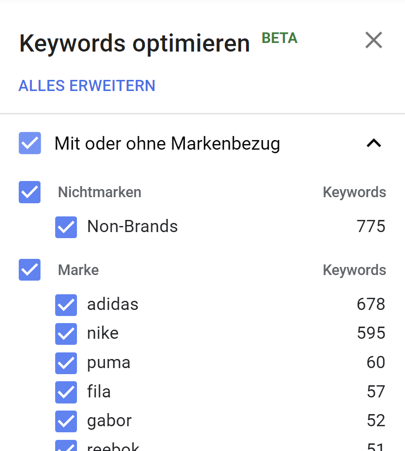 Google: Keywords optimieren mit Beispiel-Filter für verschiedene Marken