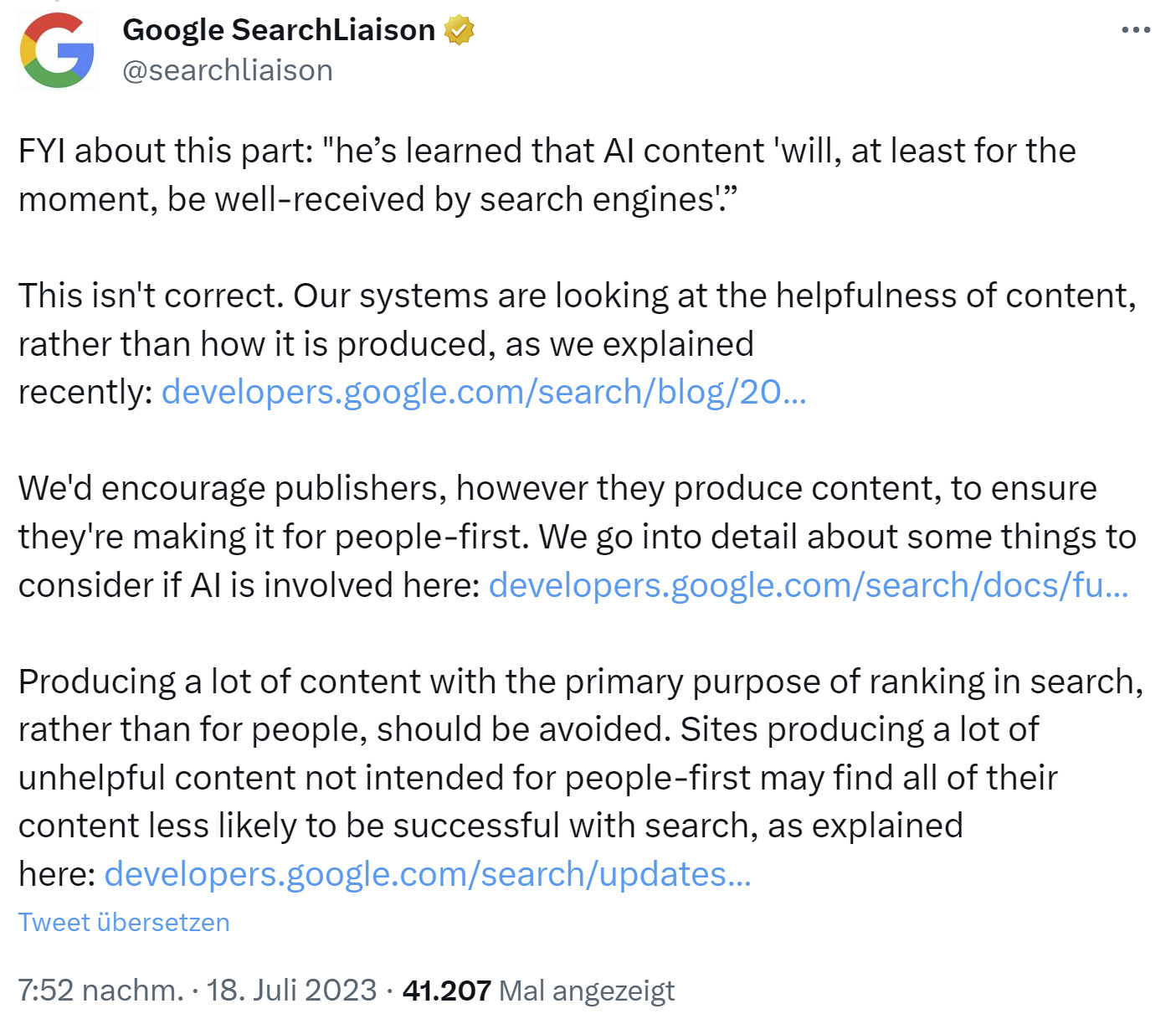 Google: keine Erfolgsgarantie für KI-Inhalte