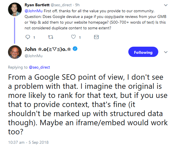 Google: kein Problem mit Duplicate Content durch kopierte Bewertungen