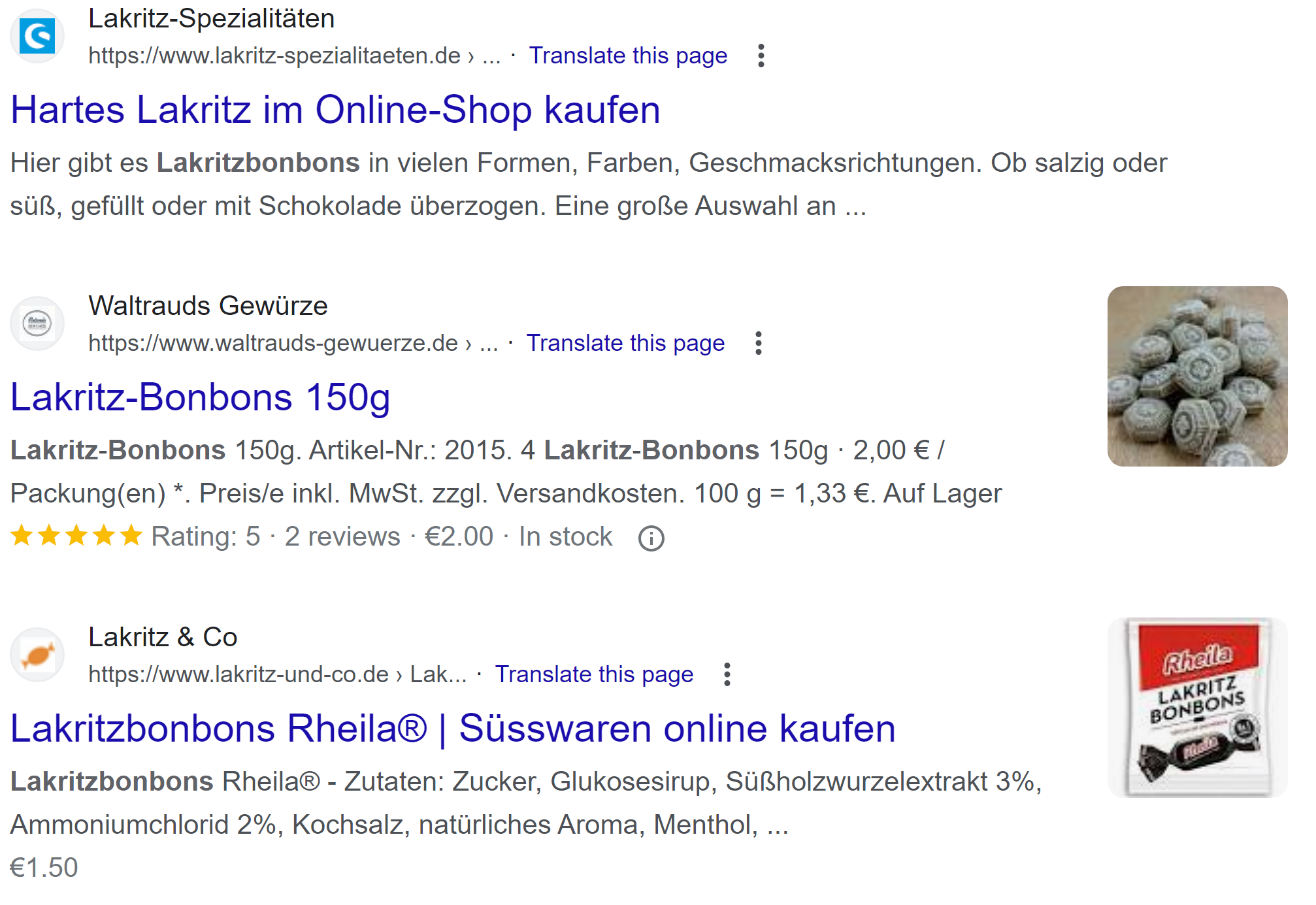 Google: Suchergebnisse für Lakritzbonbons mit Thumbnails normaler Größe