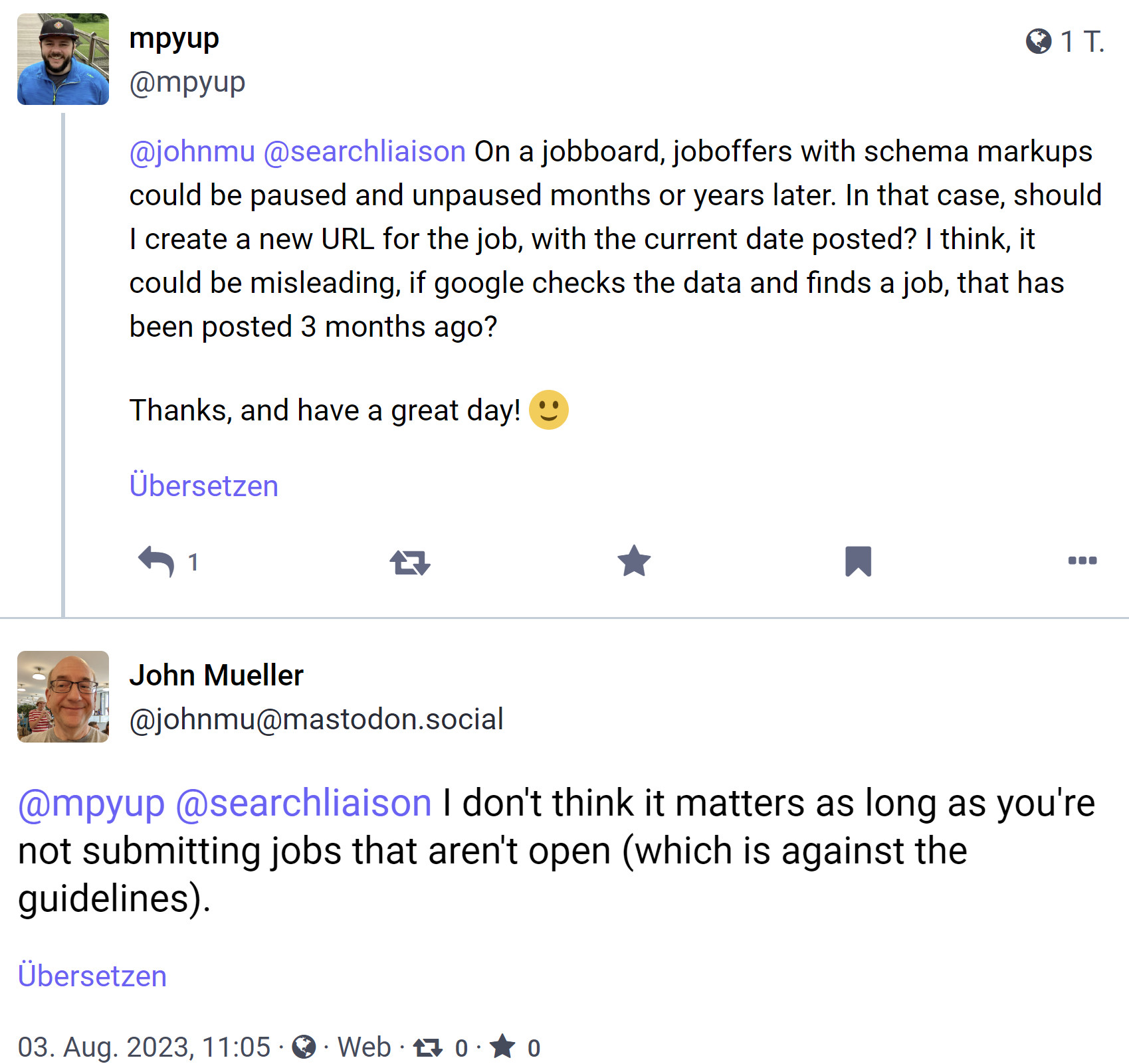 John Müller von Google auf Mastodon: Länger pausierte Stellenangebote müssen nicht erneut mit neuer URL gepostet werden