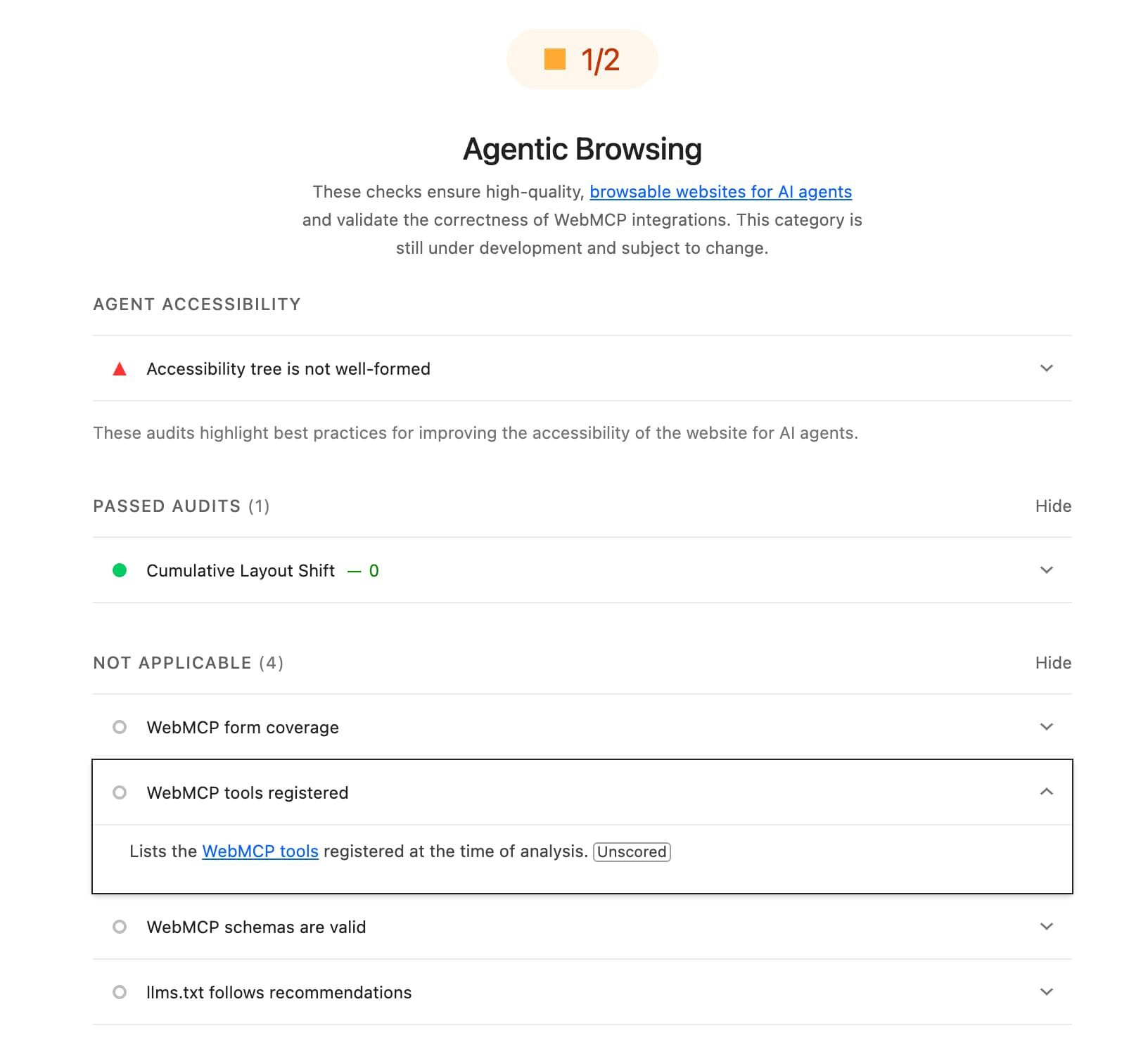 Google Lighthouse: Ergebnis für Agentic Browsing