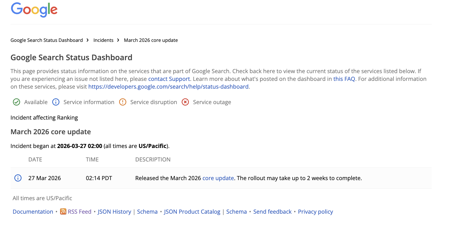 Google March 2026 Core Update: Search Status Board
