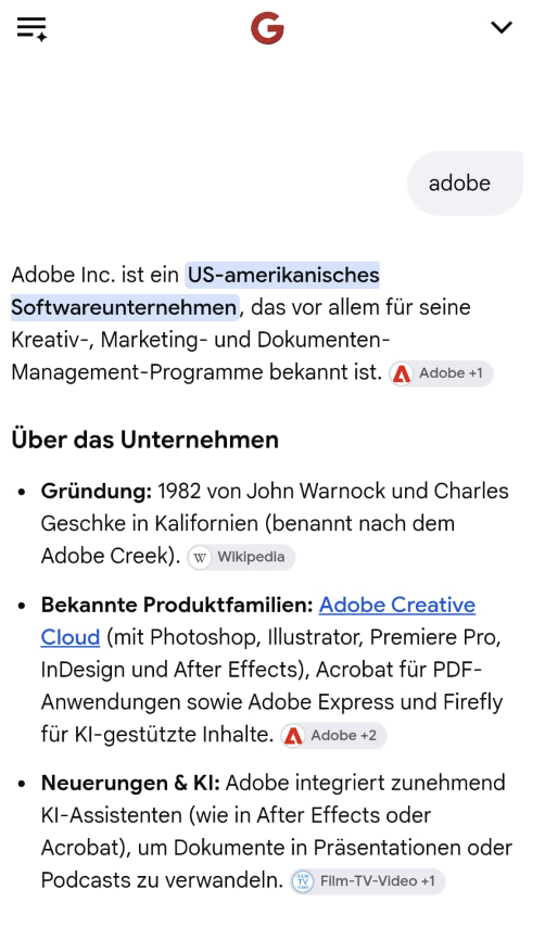 Google: AI Overview für die Suche nach Adobe