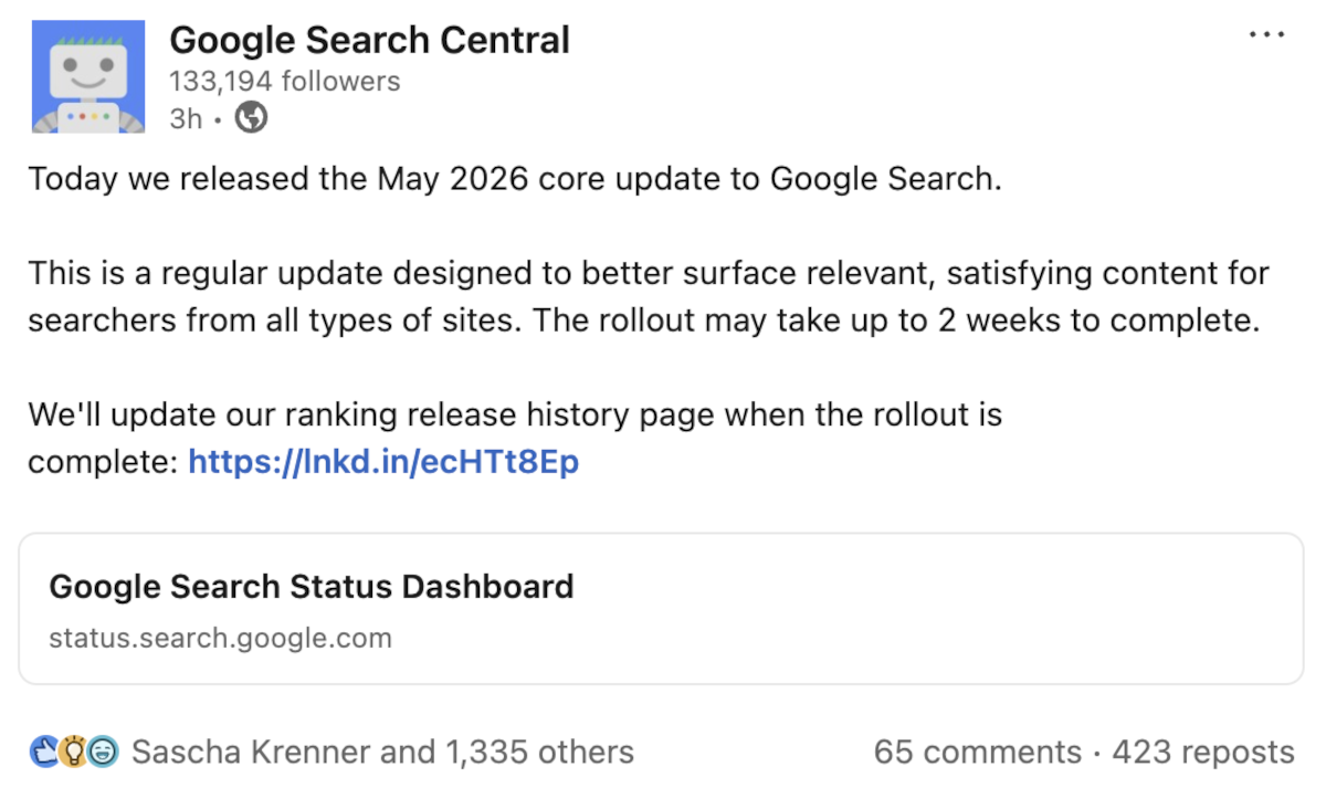 Google verkündet den Start des 'May 2026 Core Update'.