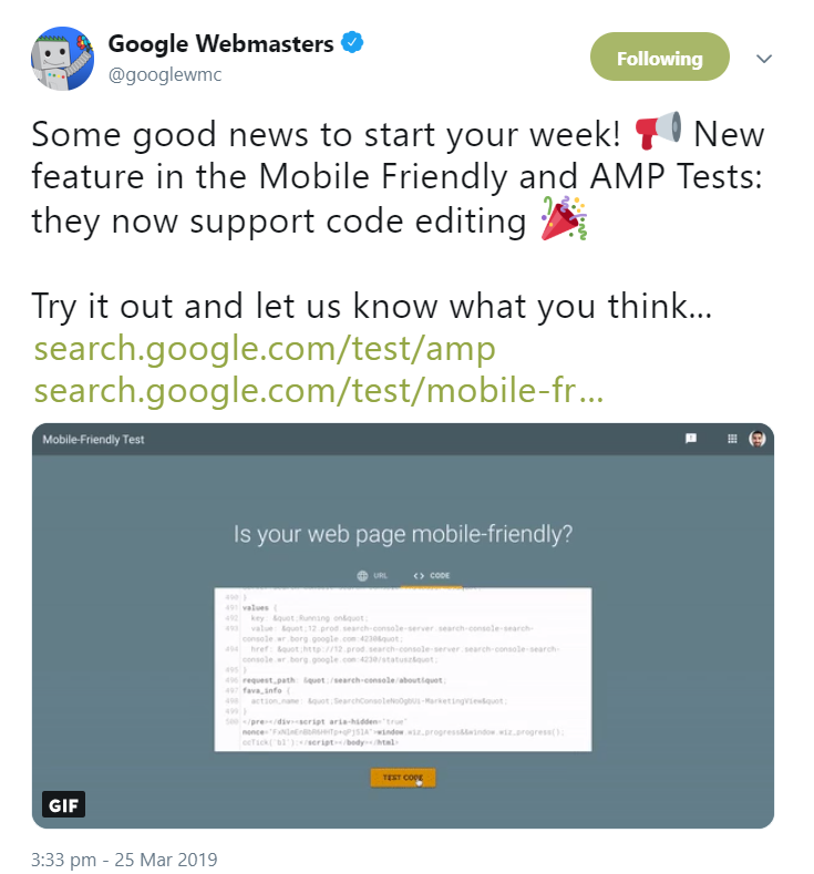 Google: Mobile Friendly Test sowie AMP-Test jetzt mit der Möglichkeit, den Code im Tool zu bearbeiten