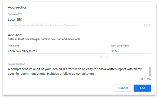Google My Business: Formular zum Eintragen von Services