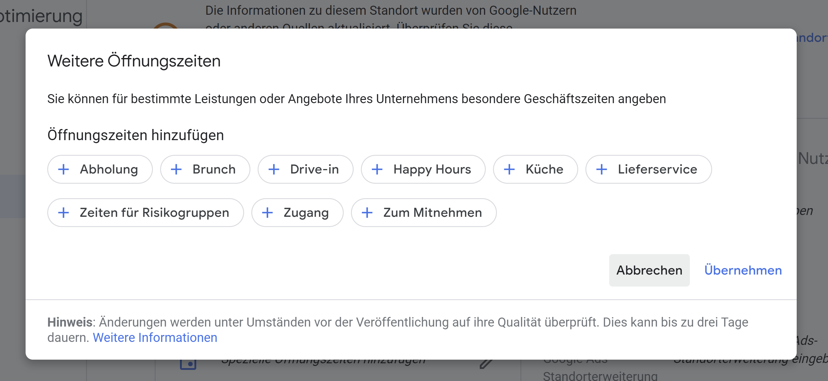 Google My Business: Auswahl von Sonderzeiten