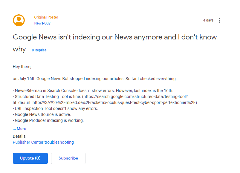 Google News: Indexierungsprobleme - Beitrag im News-Forum