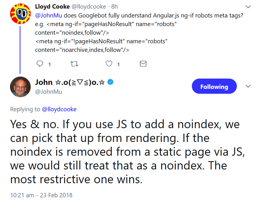 Google: Seiten, auf denen das 'noindex' per JavaScript entfernt wird, werden dennoch wir 'noindex' behandelt