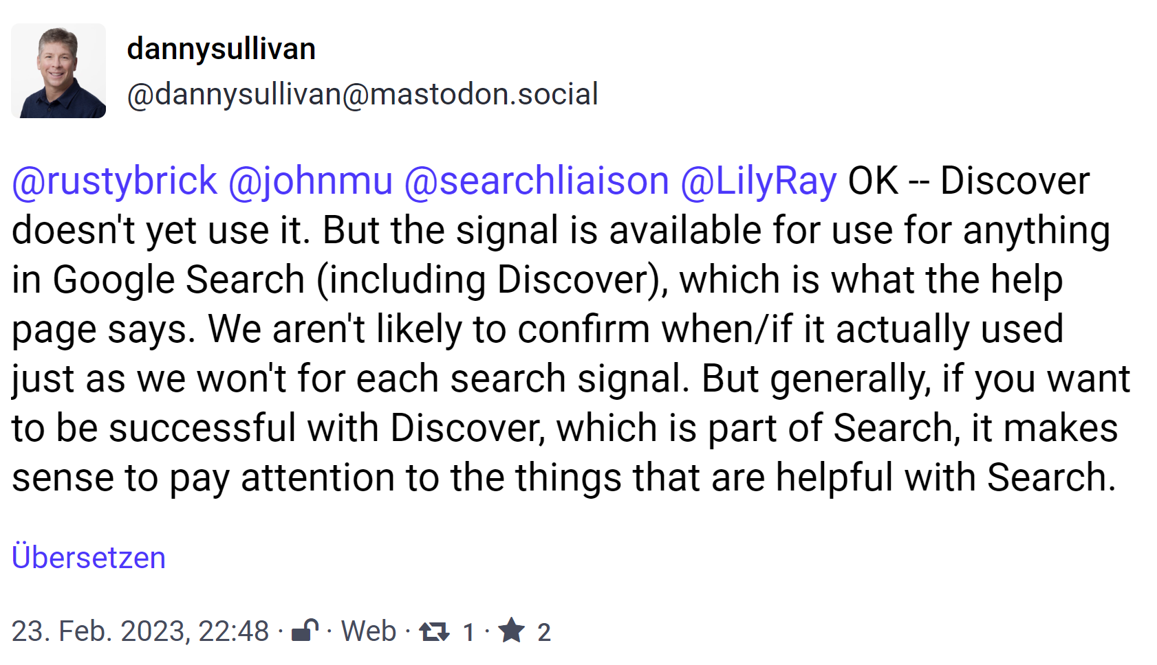 Google nutzt Helpful Content noch nicht: Danny Sullivan auf Mastodon