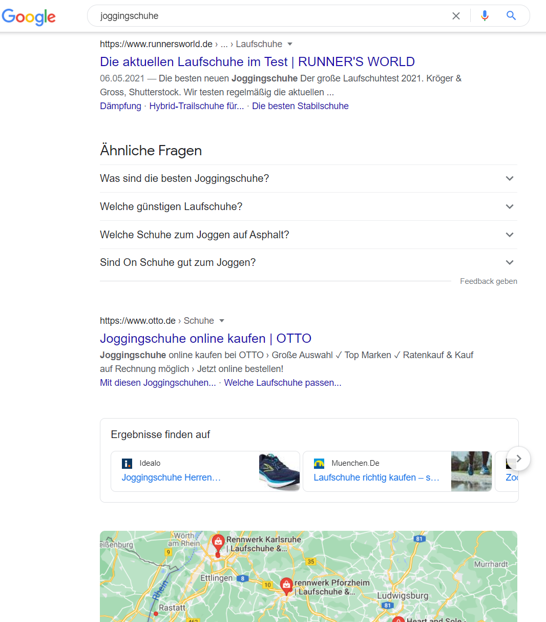 Google: organische Suchergebnisse für 'Joggingschuhe'