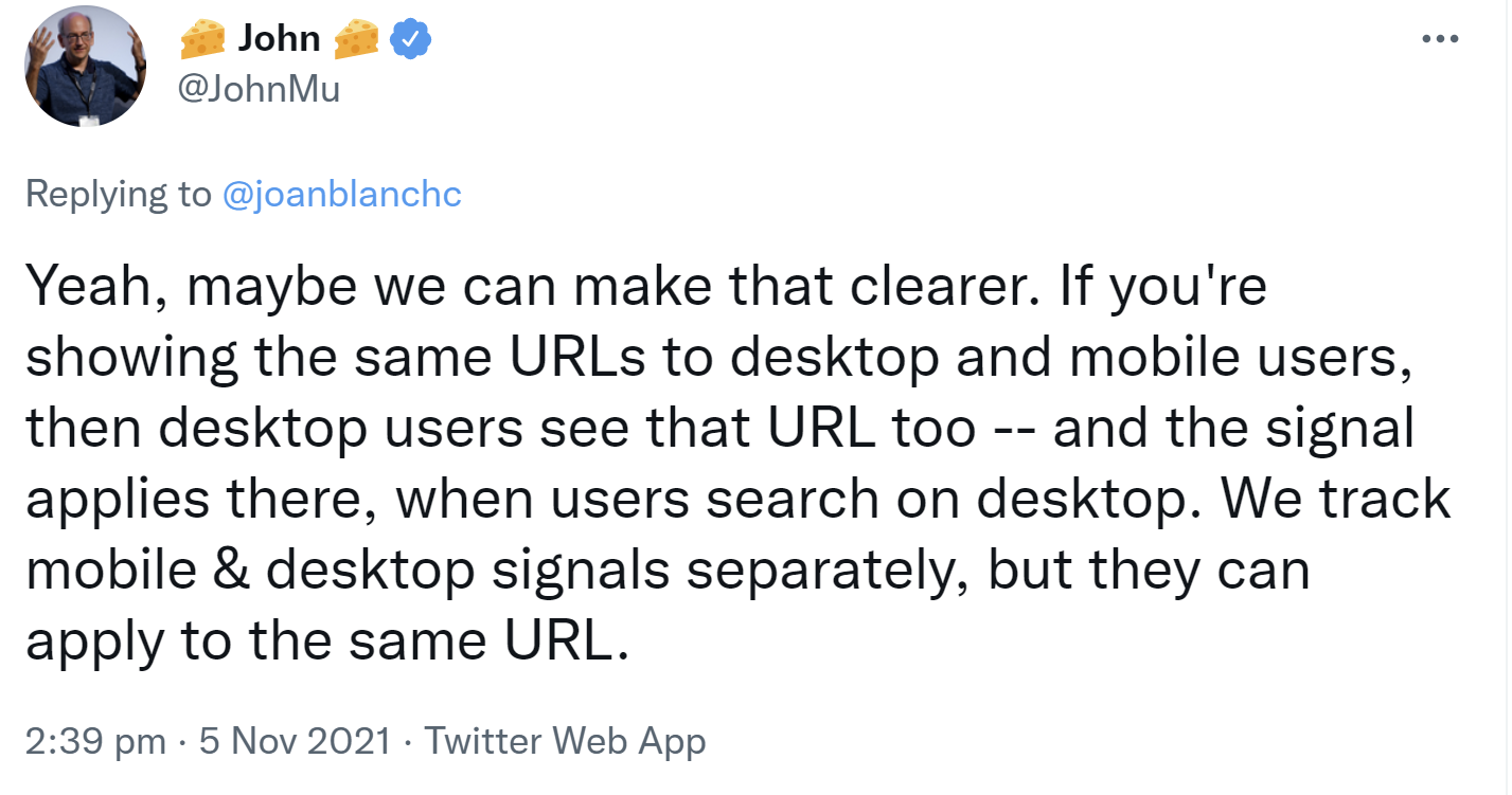 Google: Page Experience Desktop wird auch dann angewendet, wenn Desktop-Nutzer dieselbe URL sehen wie mobile Nutzer