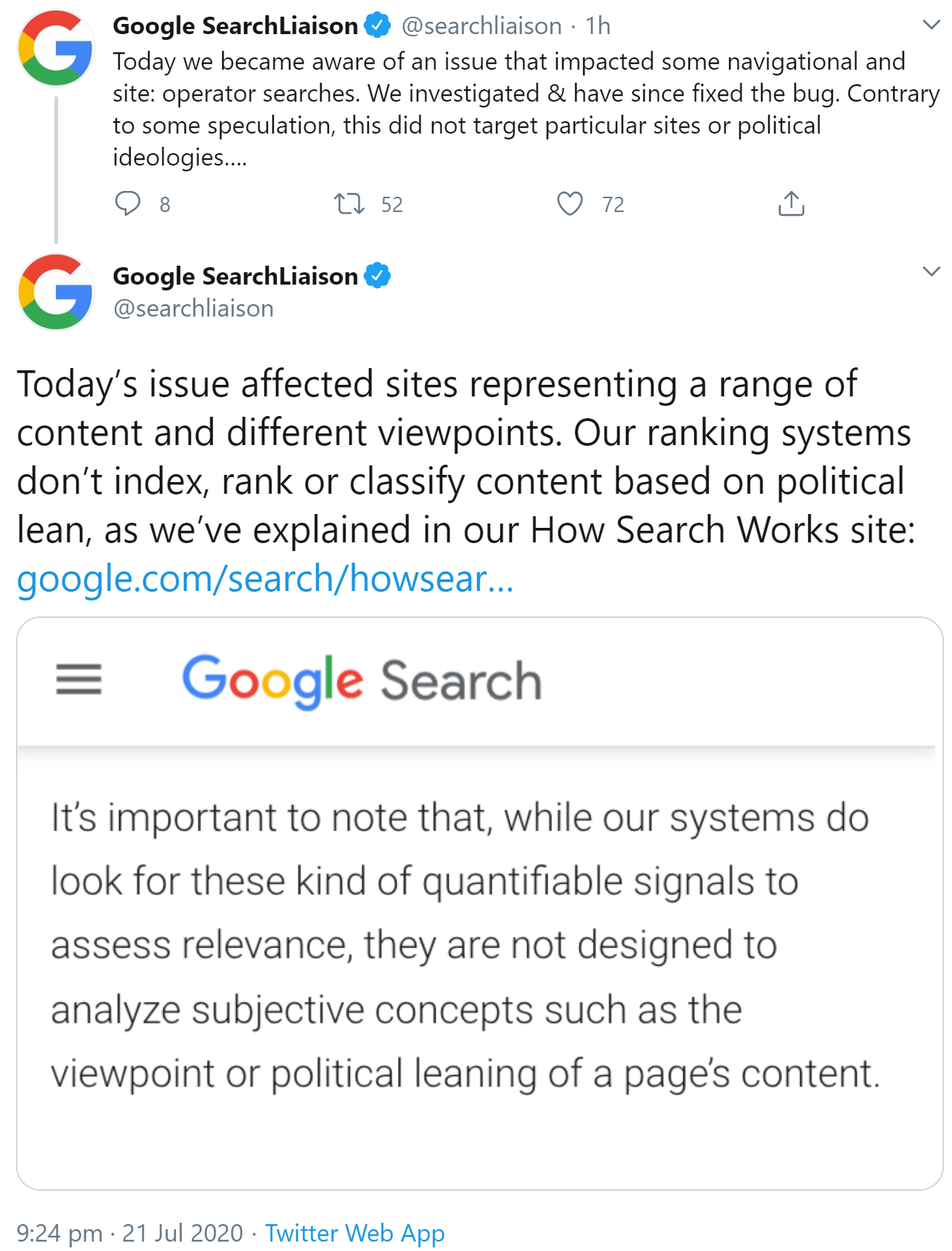 Google: Kein politischer Zusammenhang mit dem Site-Search-Prolem