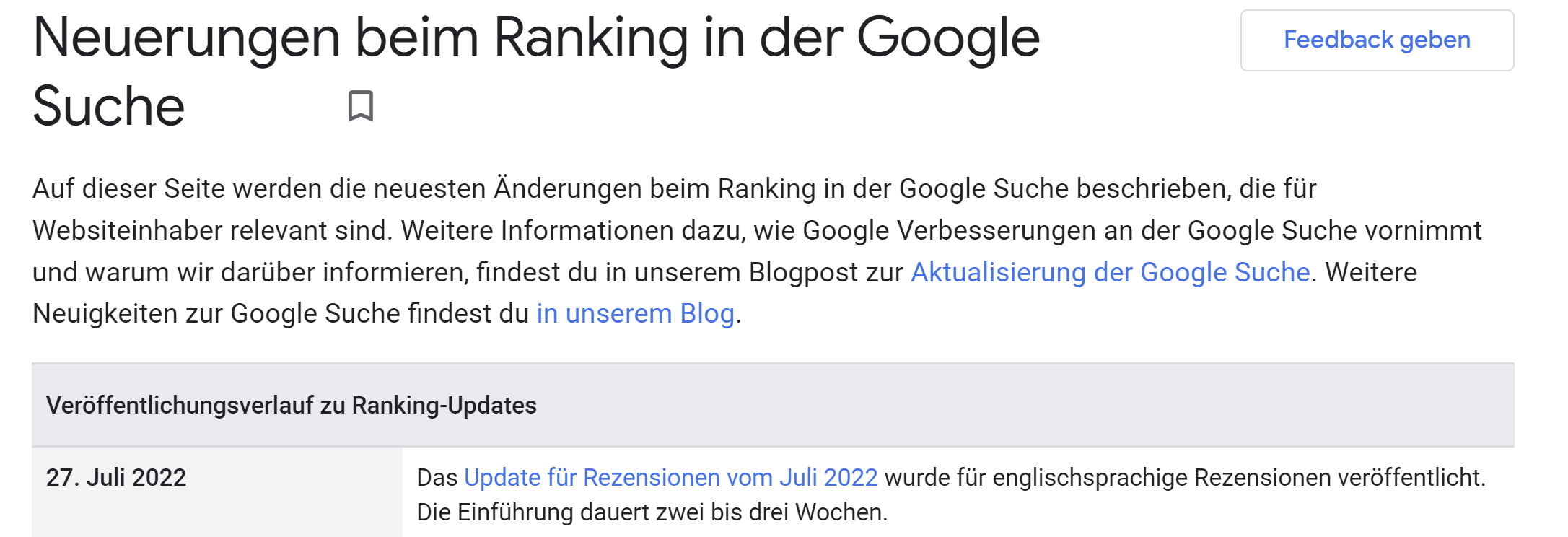 Google Product Reviews Update vom Juli 2022 auf deutschsprachiger Version der Update-Übersicht noch nicht als beendet gekennzeichnet