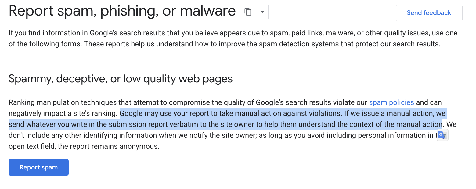 Google Spam Report