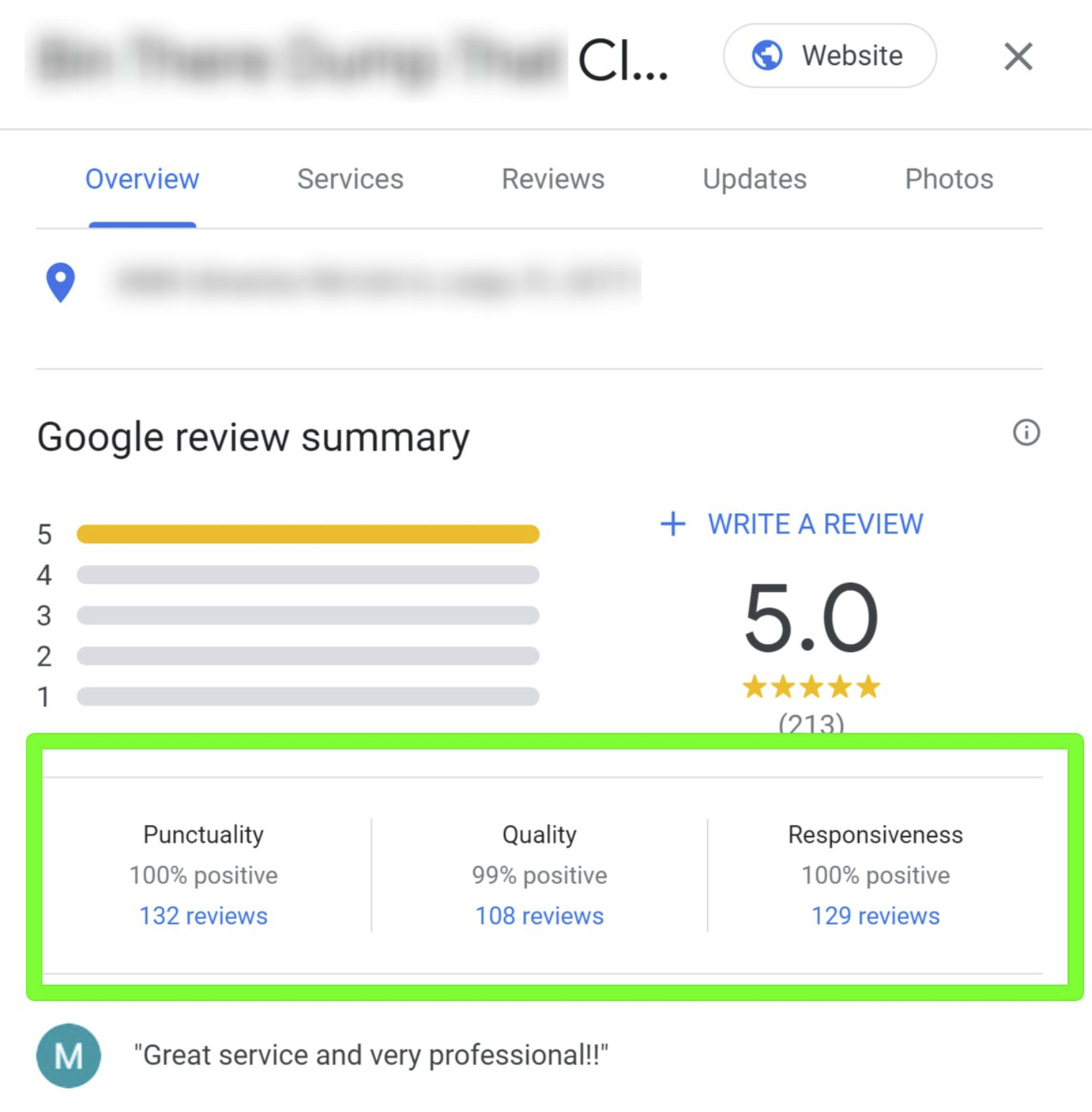 Neue Zusammenfassung von positiven Google-Bewertungen nach Kriterien
