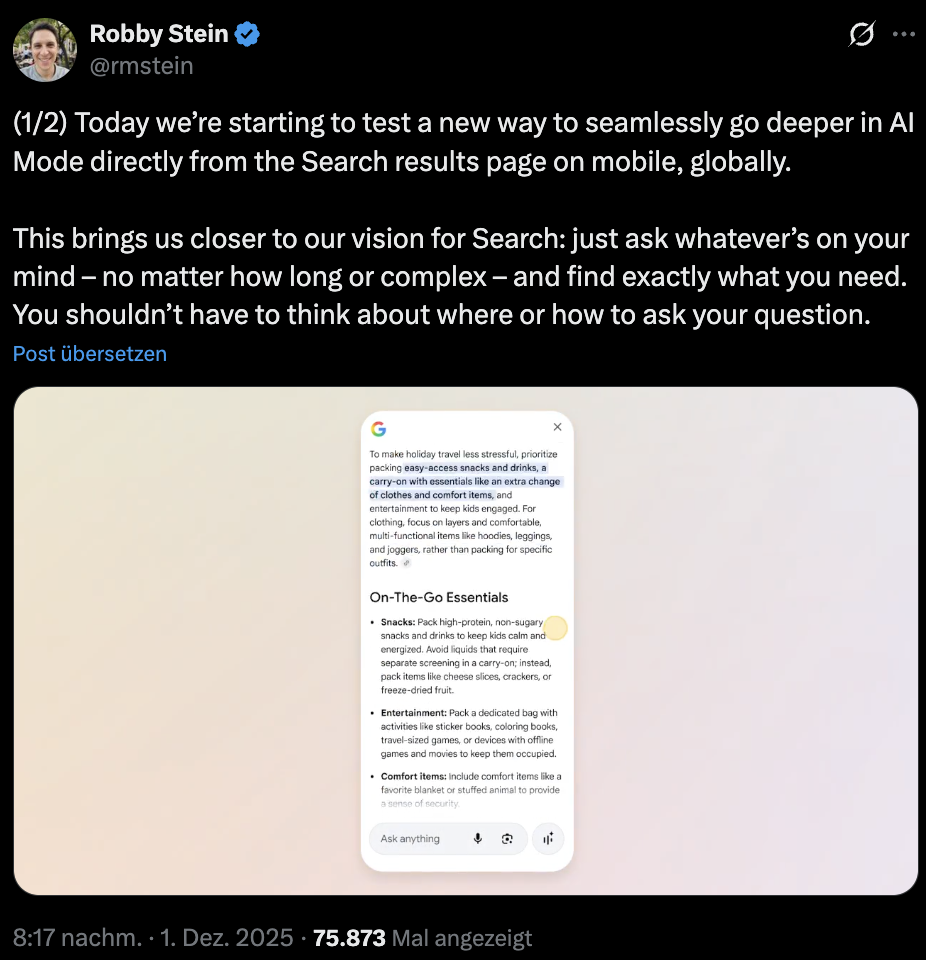 Robby Stein von Google: Übergang von den AI Overviews in den AI Mode