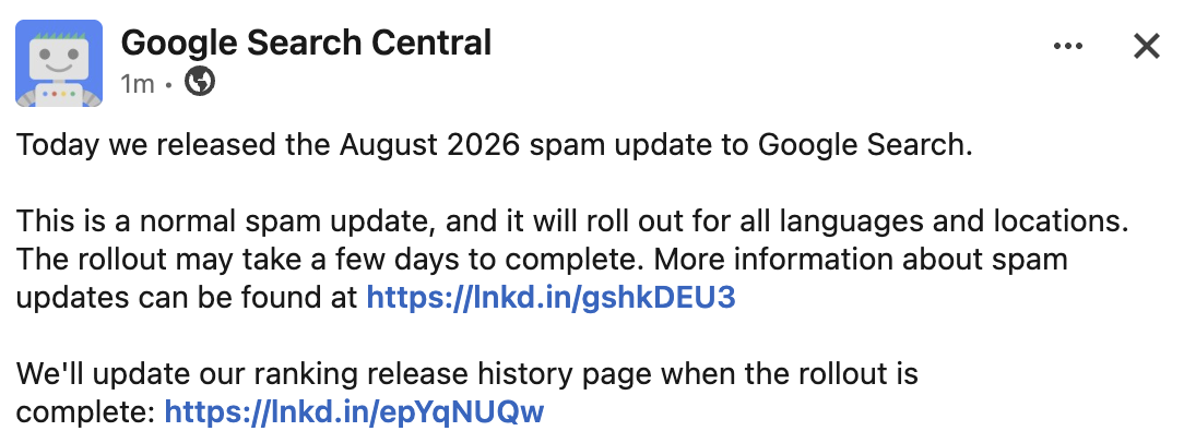 Google rollt das August 2026 Spam Update aus