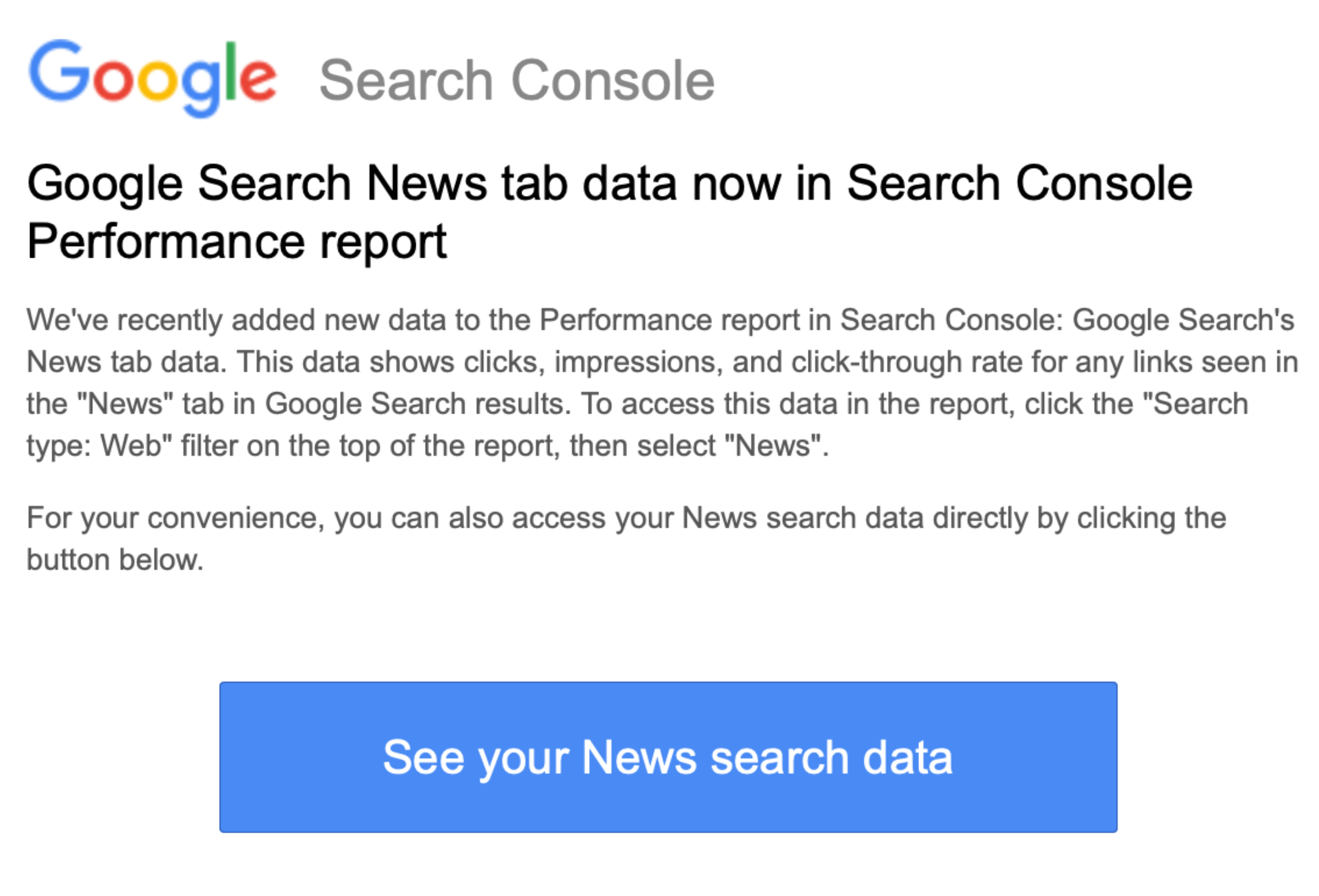 Google Search Console: Benachrichtigung über neuen Filter für die News-Suche