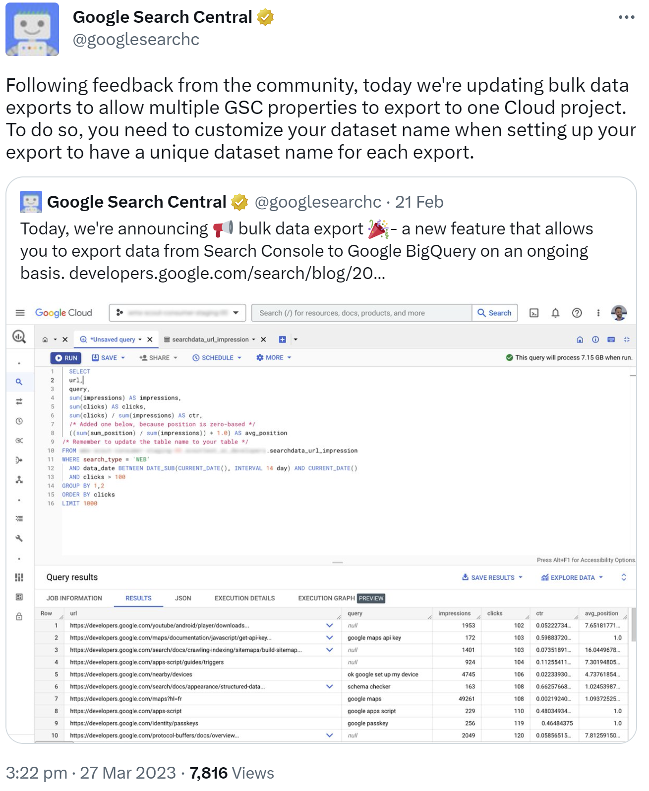 Google Search Console: Bulk Data Export nach Google BigQuery für mehrere Properties in ein einziges Cloud-Projekt möglich