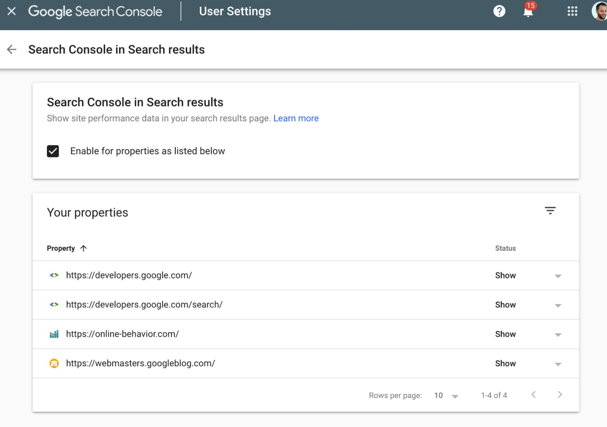 Google Search Console: Einstellungen für Anzeige der Leistungsdaten auf den SERPs