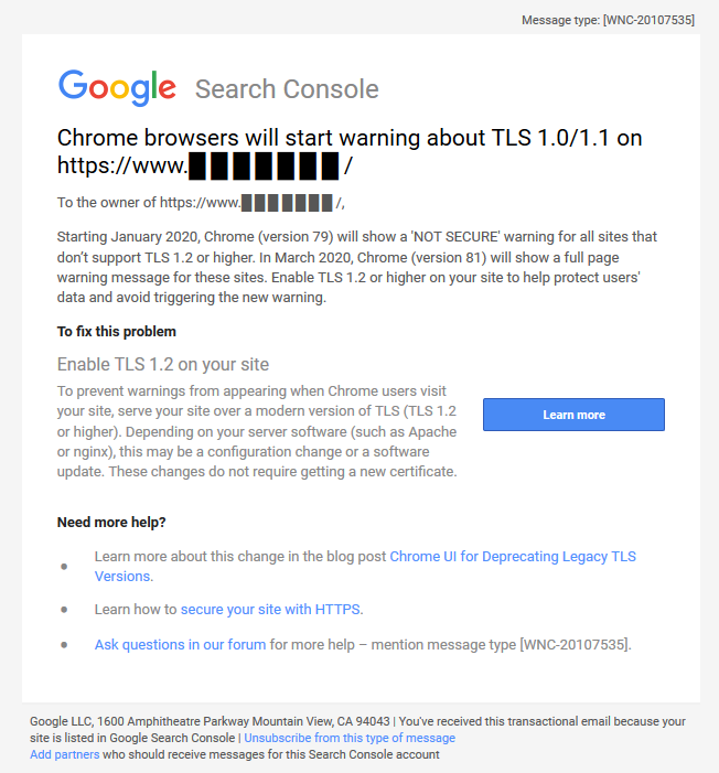 Google: Hinweis auf alte TLS-Version